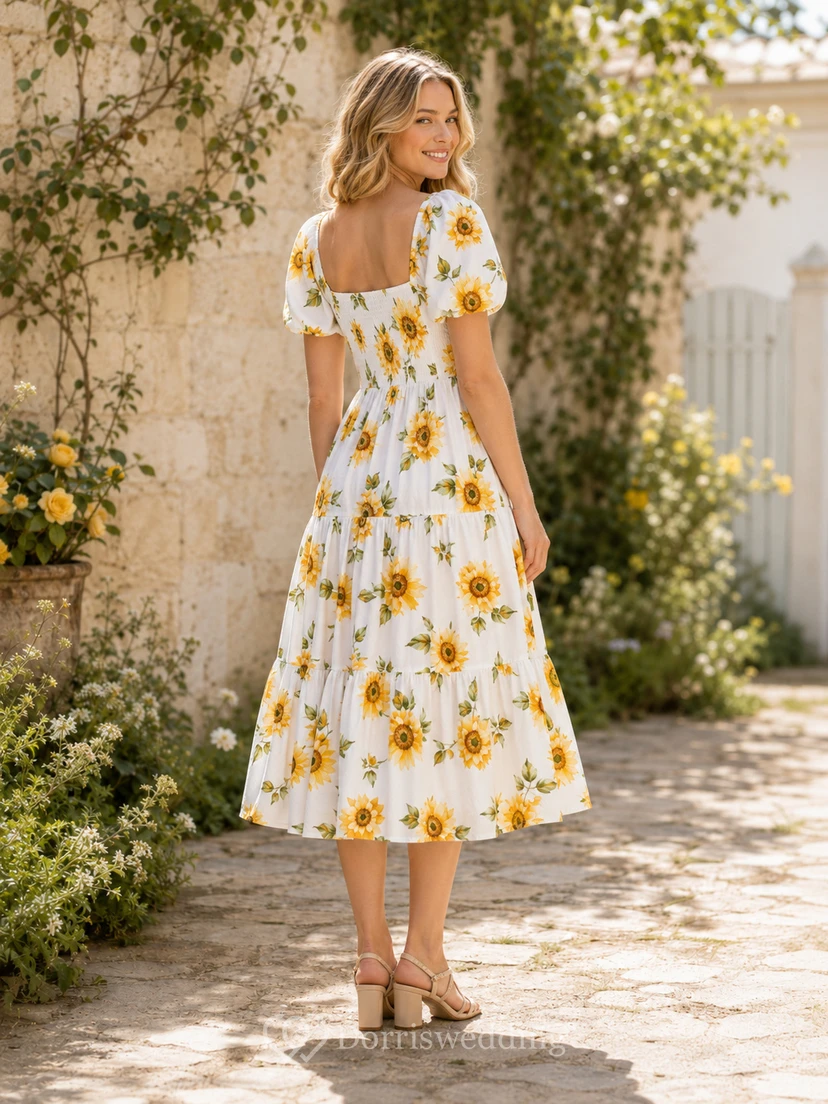 Sunflower Print Square Neck Puff Sleeve Summer Midi Dress view 2