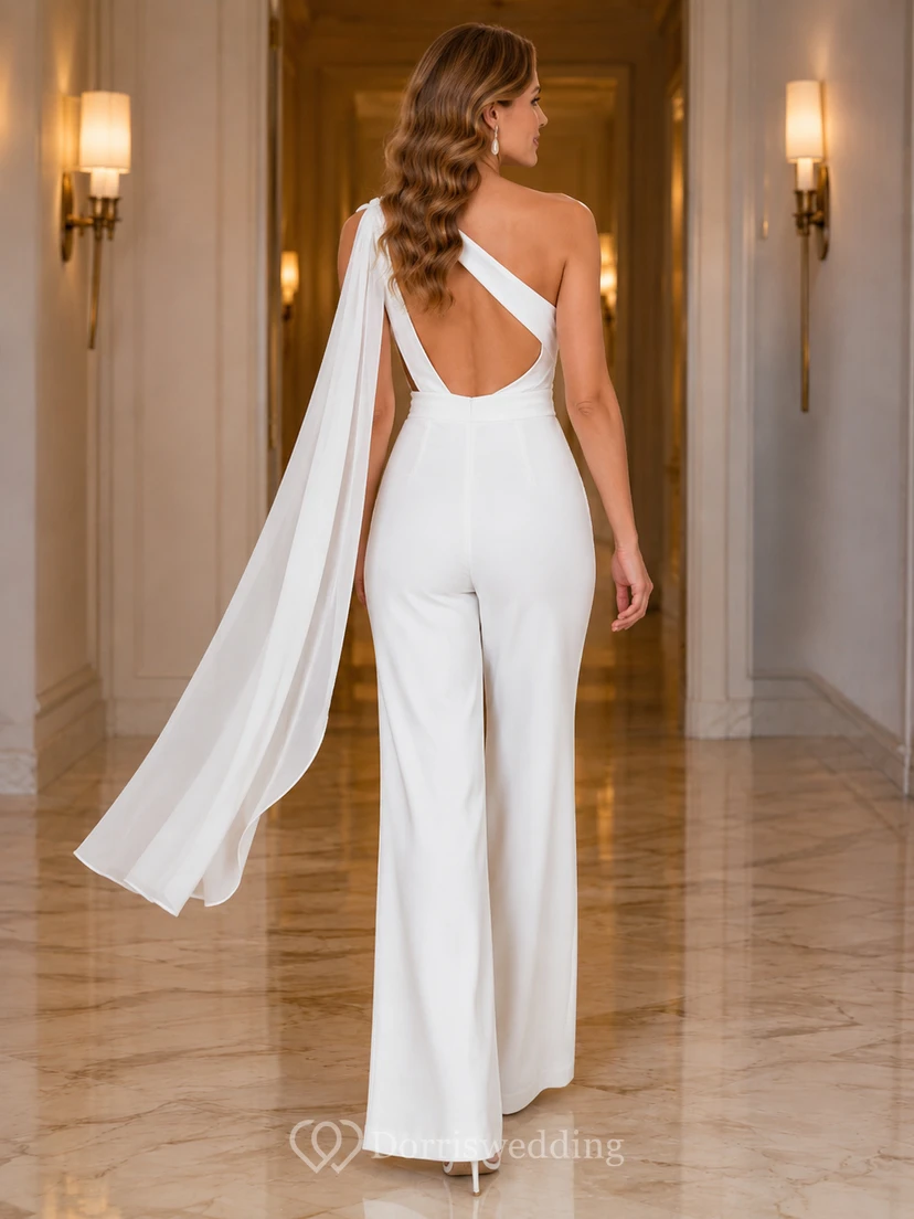 Luxuriöser Chiffon-Jumpsuit mit einseitiger Schulter, Cape und weitem Bein für standesamtliche Trauungen view 2