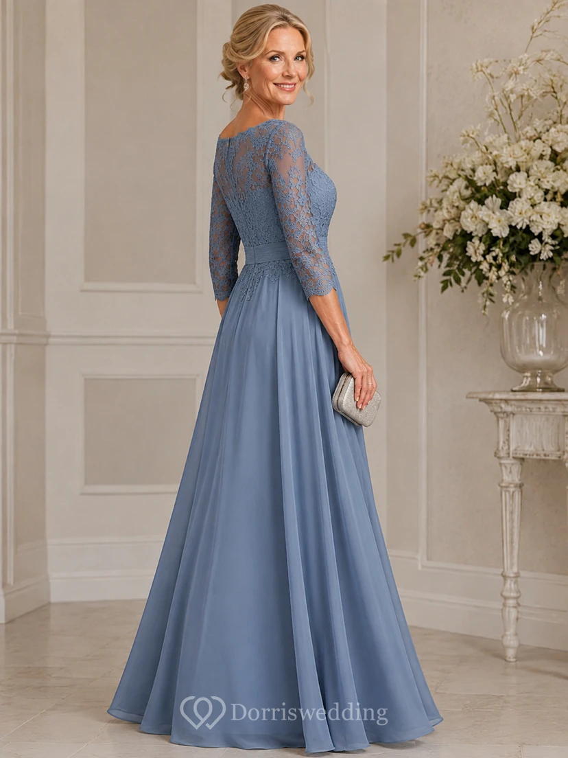 A-Line Bateau 3/4 Length Sleeve Chiffon Mother Dress with Lace view 2