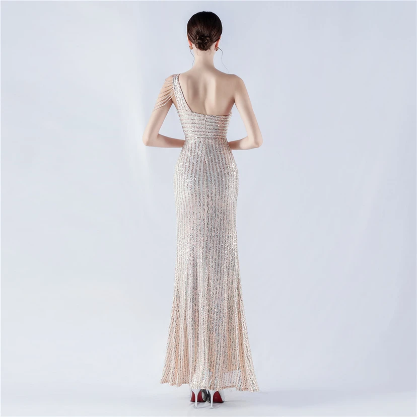 Heavy Beaded One-Shoulder Oblique Collar High Fork Sequin Dinner Dress view 20