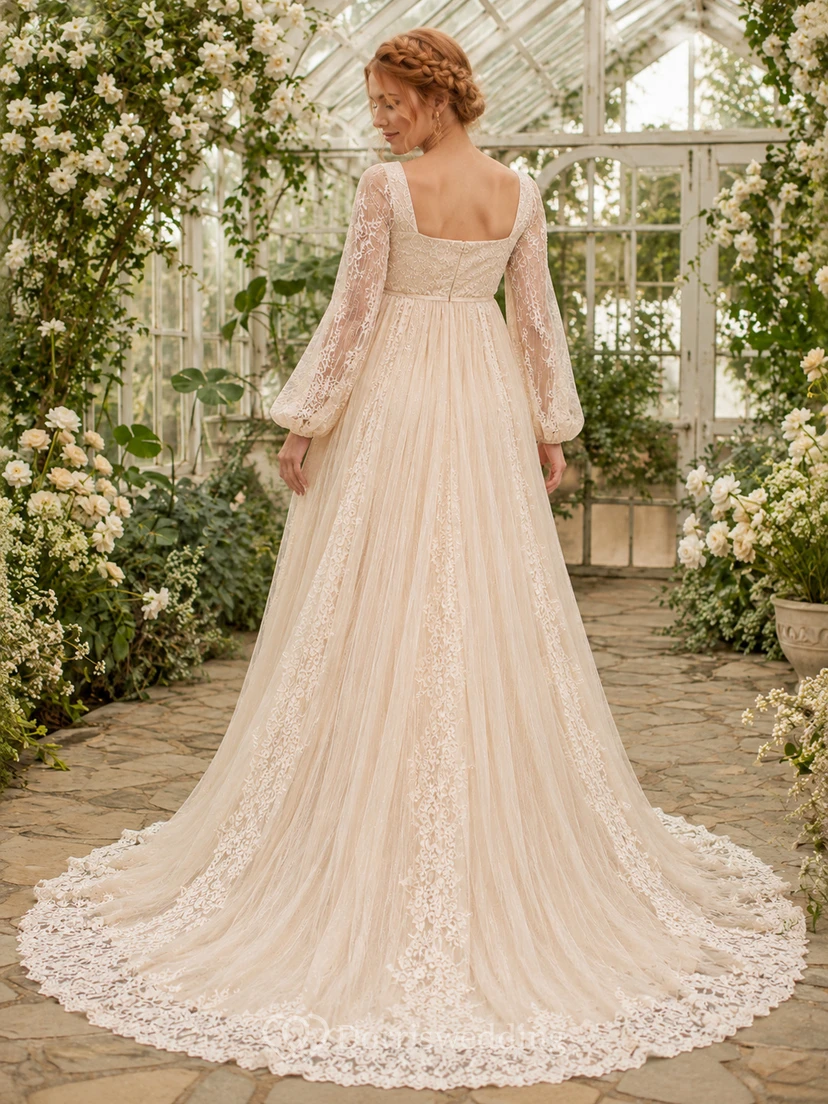 Maternity Wedding Dress Square Neck Bell Sleeve Lace Garden Bridal Gown with Train view 2