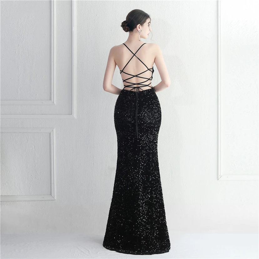 Vestido largo de noche con cola de pez, estilo europeo y americano, con lentejuelas y parte inferior de terciopelo. view 54