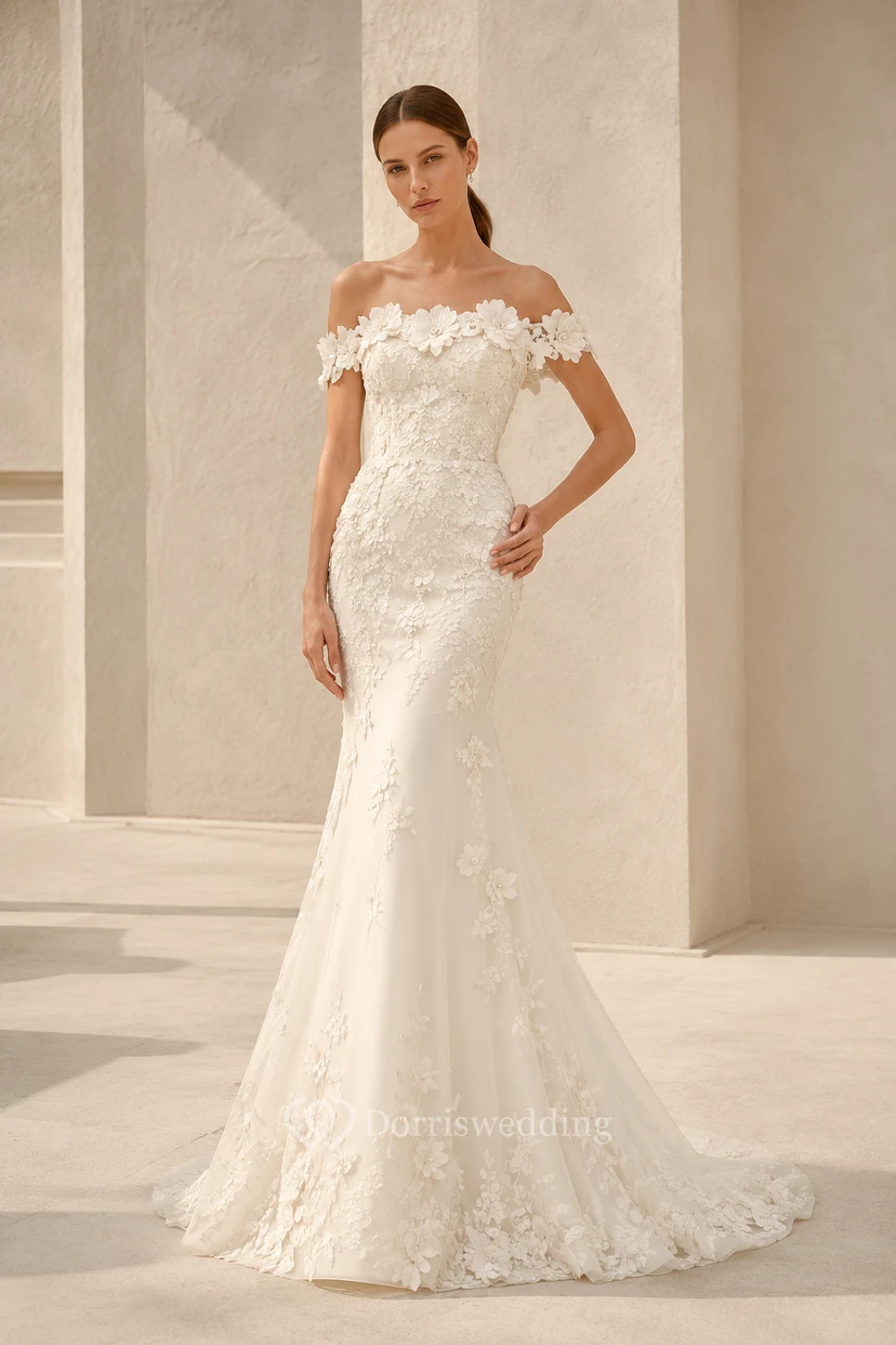 Robe de mariée sirène en dentelle à épaules dénudées et traîne balayée