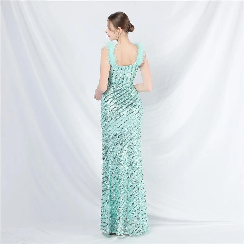 Evening Dress Craft Beaded Ostrich Feather Sequined Side Slit Evening Dress view 6
