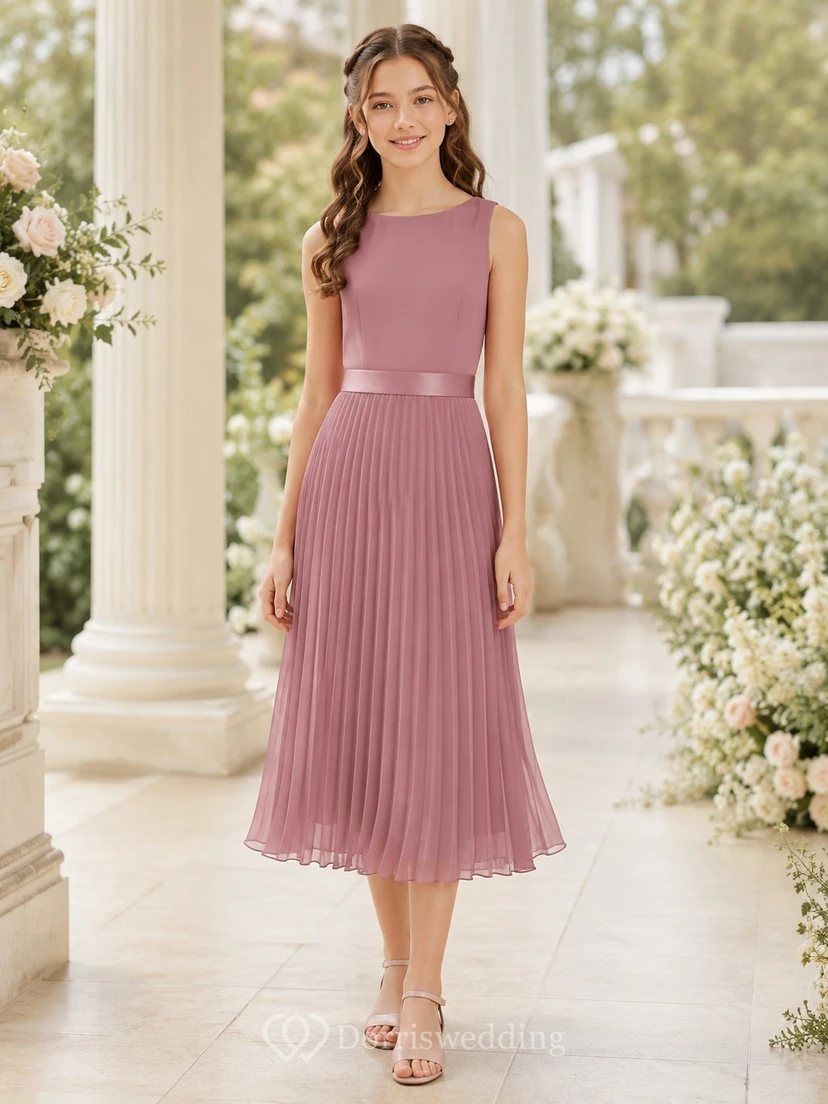 Vintage-Brautjungfernkleid in Mauve, A-Linie, mit Schmucksteinen, ärmellos, plissiert