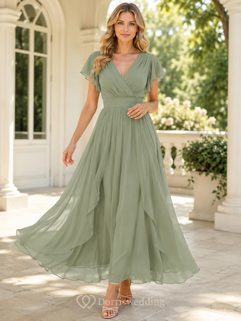 Robe de mariée en mousseline vert sauge, col V, manches papillon, longueur au sol, coupe trapèze, pour invitée de mariage