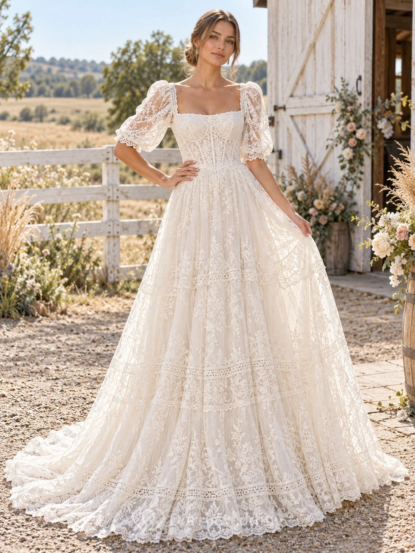 Boho Square Neck Puff Sleeve Panel Lace A-Line Wedding Dress