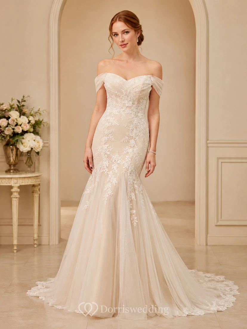 Lace Tulle Wedding Dress Mermaid Off Shoulder Sweep Train Bridal Gown