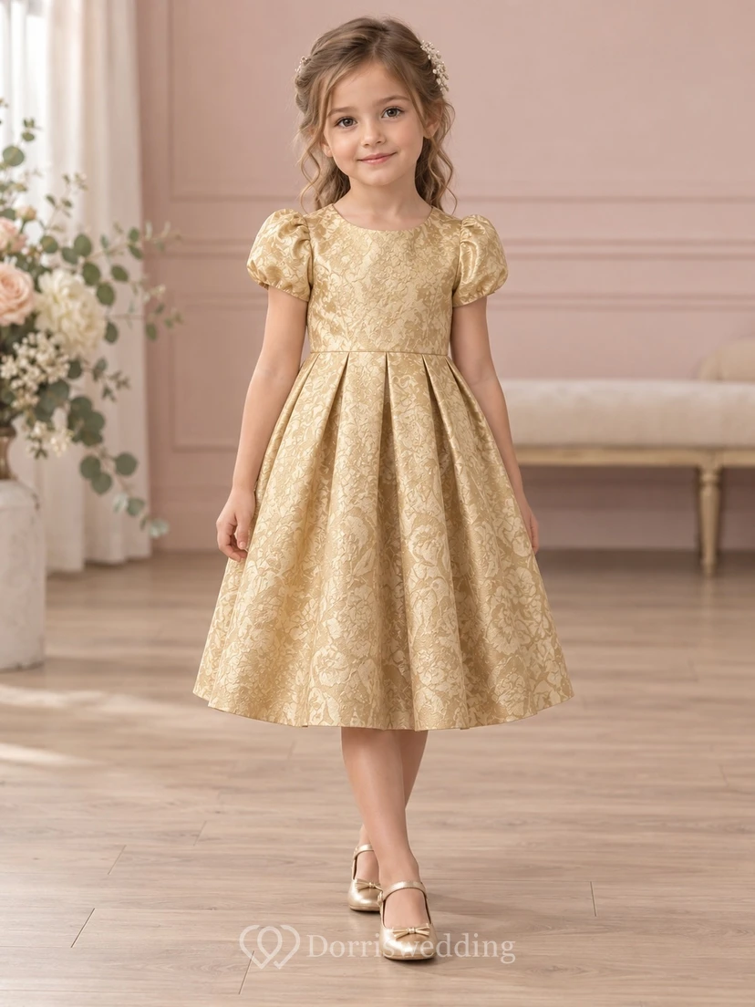 Tea-length Gold Jewel Puff-sleeve Floral Unbanded Box-pleated Zipper-back Brocade Flower Girl Dress