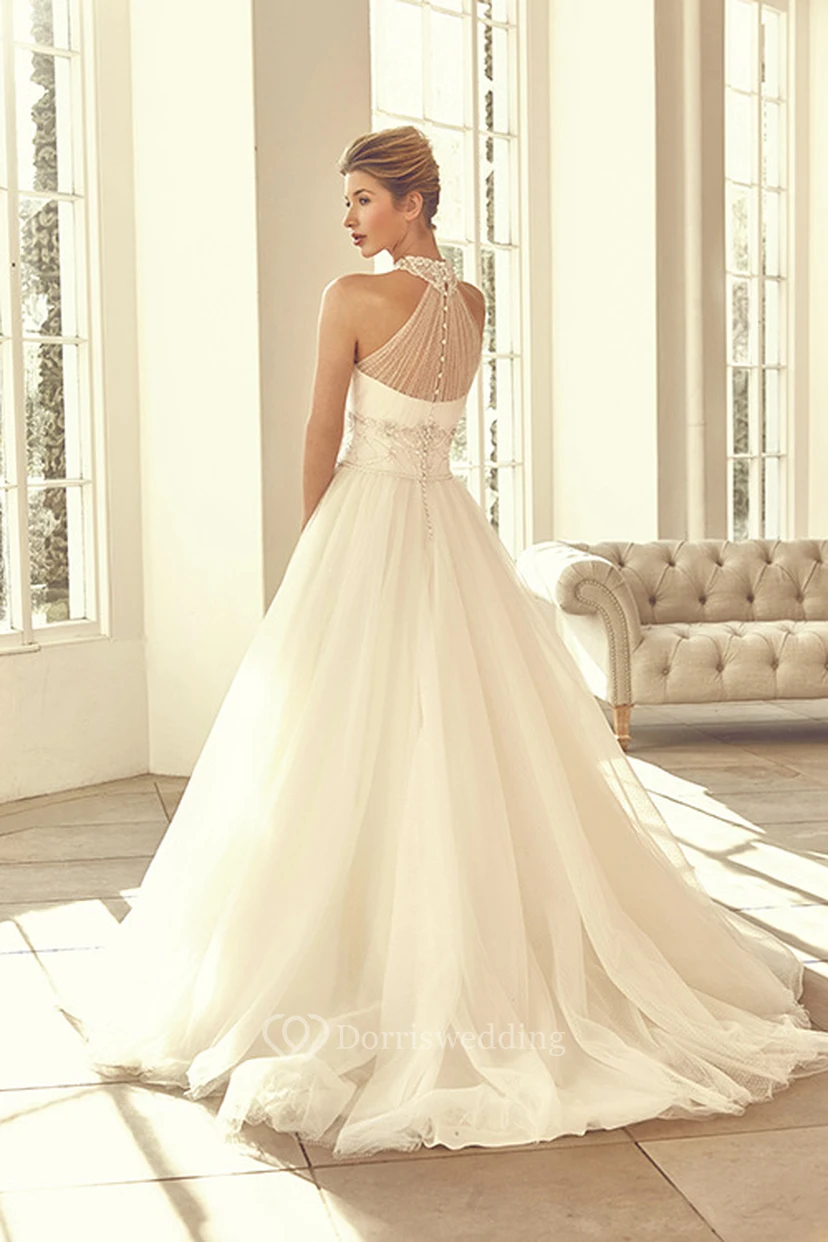 Long High Neck Beaded Tulle Wedding Dress With Court Train And Straps view 2