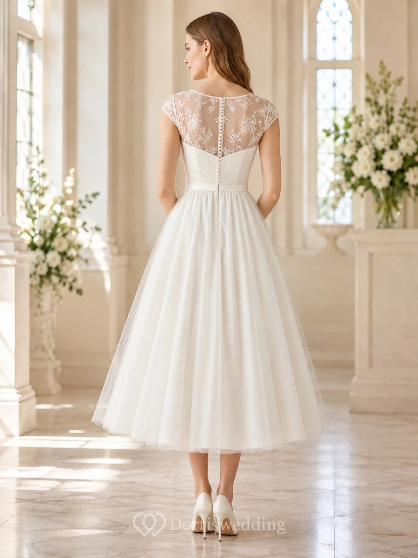 White Lace Scalloped Cap-Sleeve A-Line Tea-Length Modest Dress view 2