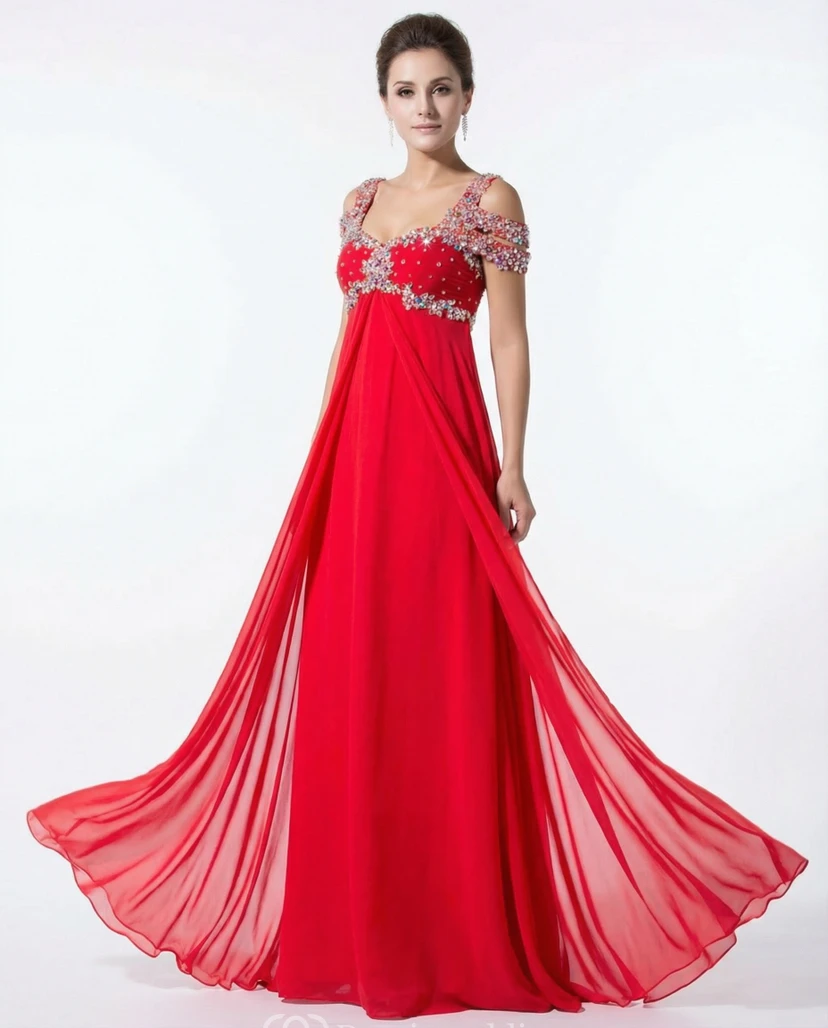 Cap Sleeve Beaded Chiffon Flowy Gown