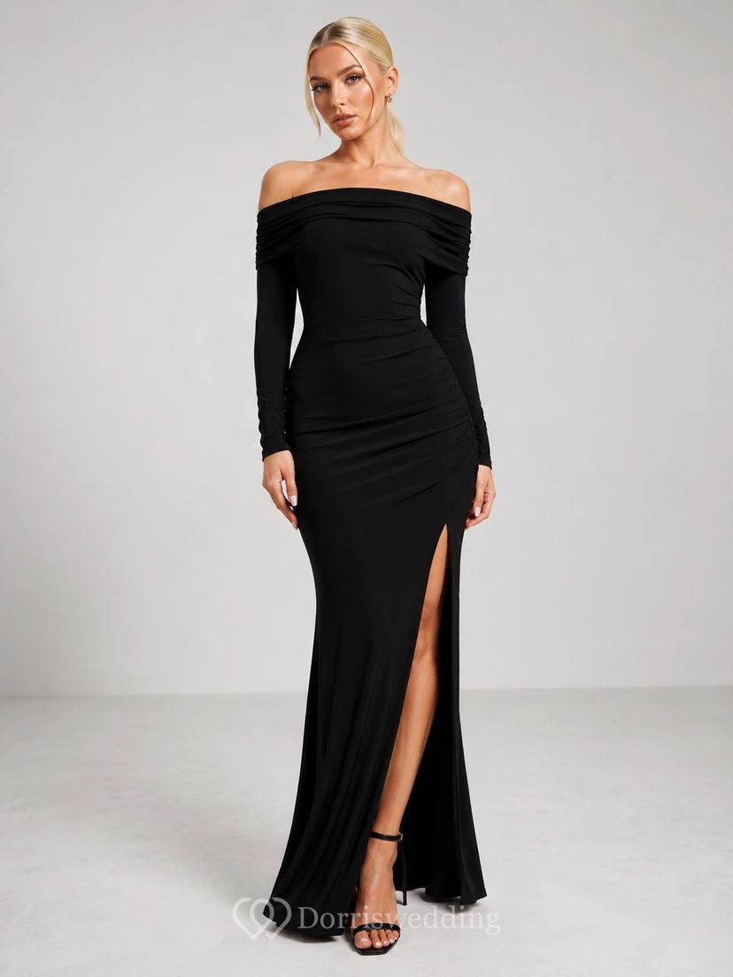 Black Off Shoulder Long Sleeve Side Slit Floor Length Mermaid Dress