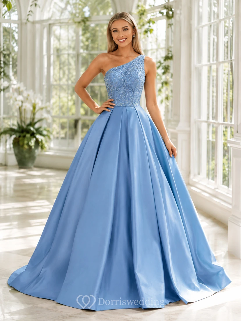 Robe de bal de luxe plissée en satin brodé bleu ciel à une épaule