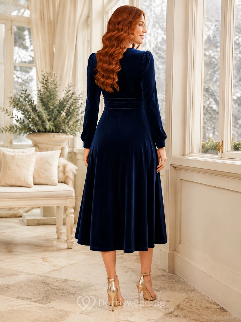 Navy V Neck Long Sleeve Wrap Velvet Winter Dress view 2