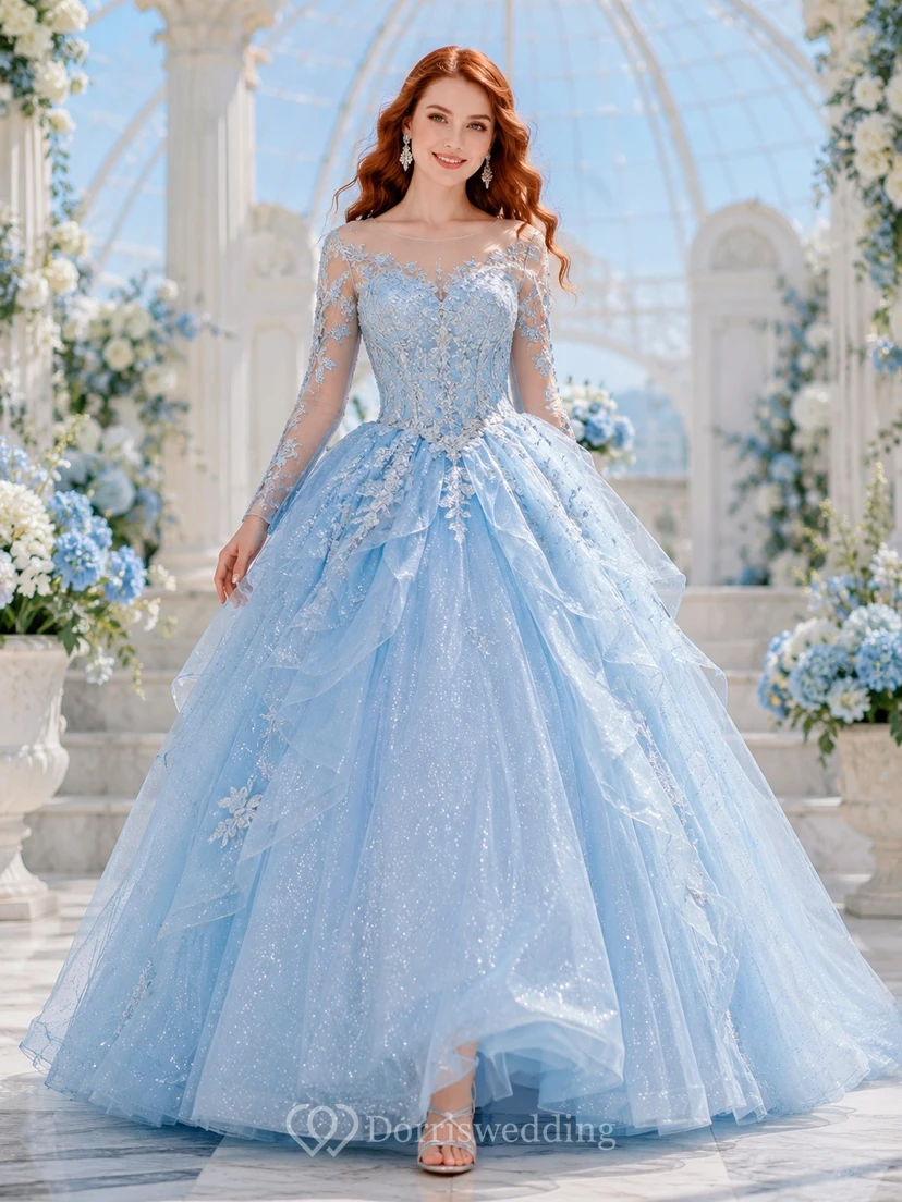 Sky Blue Embroidered Tulle Long Sleeve Off Shoulder Ball Gown Quinceanera Dress