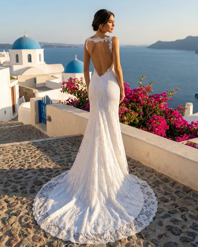 Backless Lace Mermaid Beach Wedding Dress view 2
