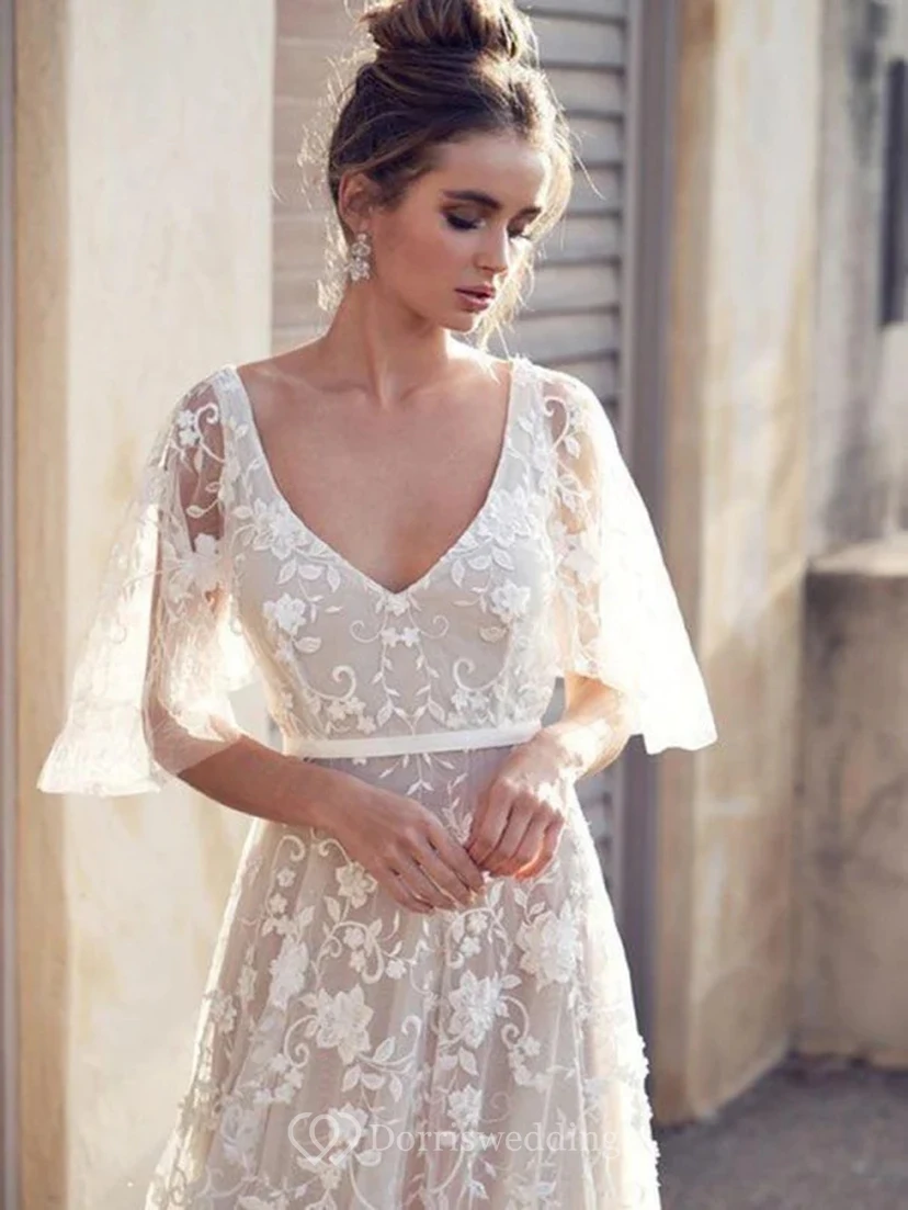 White V-Neck Lace Wedding Dress view 2