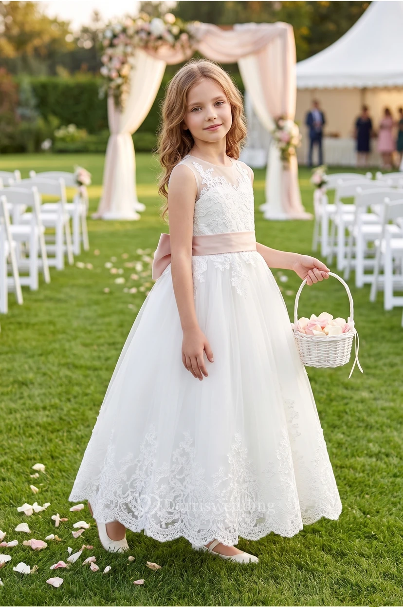 Illusion Neckline Sleeveless A-line Pleated Lace Long Dress With Keyhole and Bows