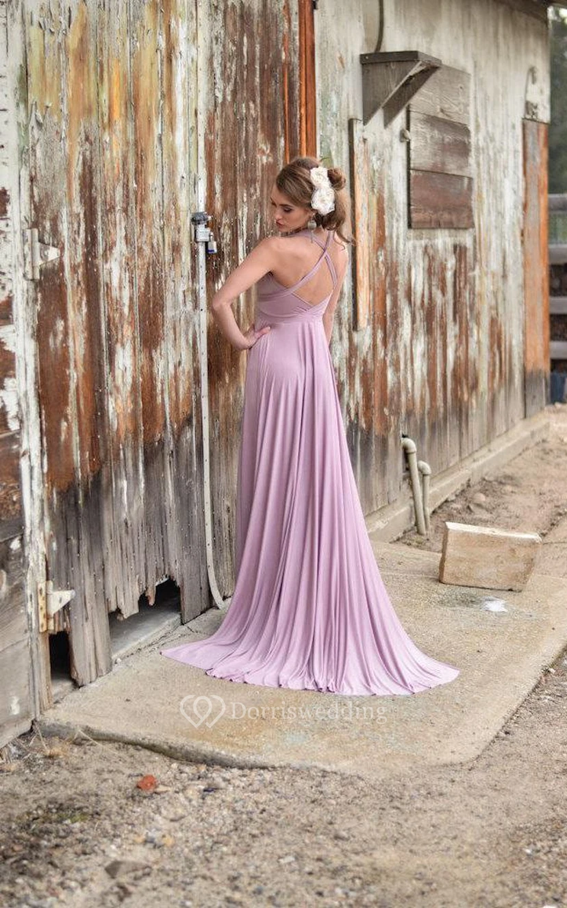 V Neck Pleated A-line Jersey Long Dress With Criss Cross Back view 3