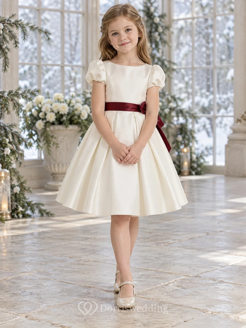 Ivory Satin Puff Sleeve Burgundy Bow Knee Length Flower Girl Dress