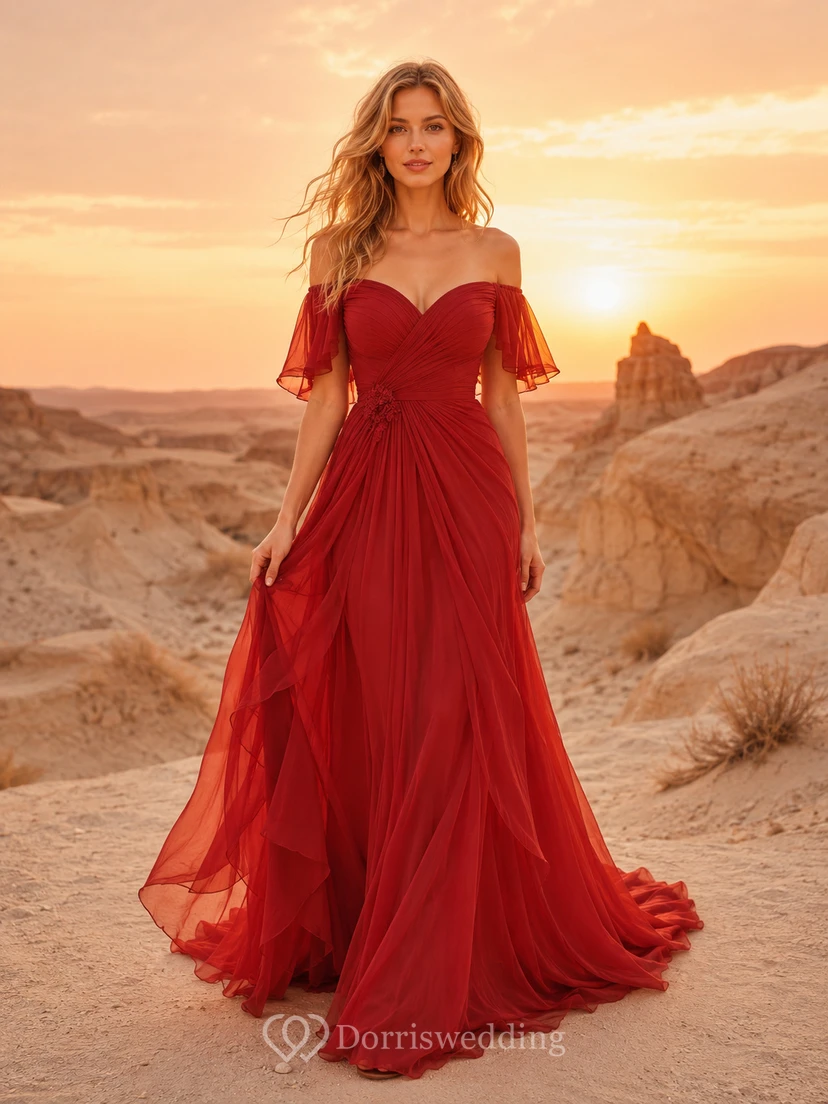 Red Boho Off Shoulder Chiffon Desert Wedding Dress