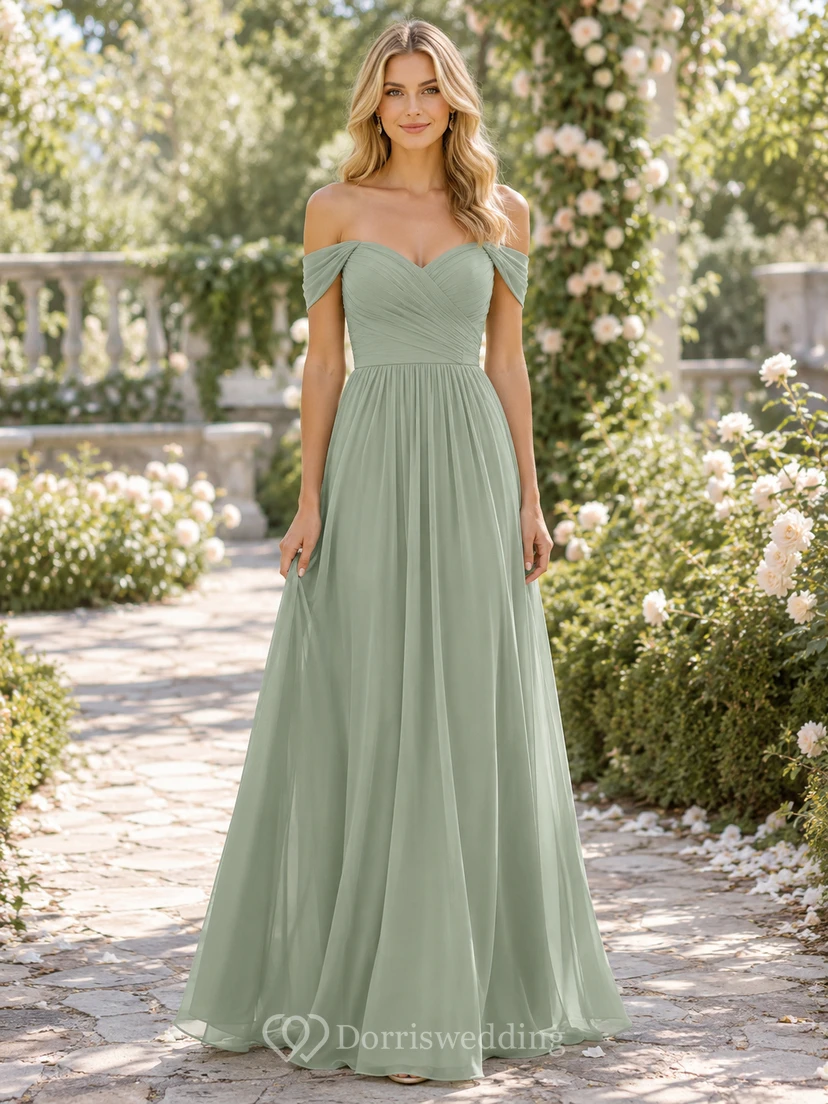 Sage off shoulder chiffon A-line floor length bridesmaid dress