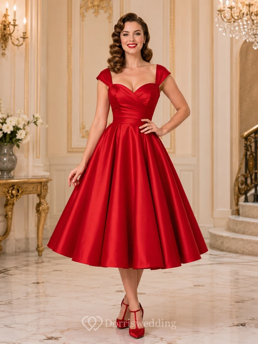 Robe vintage rouge satinée à encolure cœur, manches courtes plissées, longueur thé, coupe trapèze, décolleté cœur