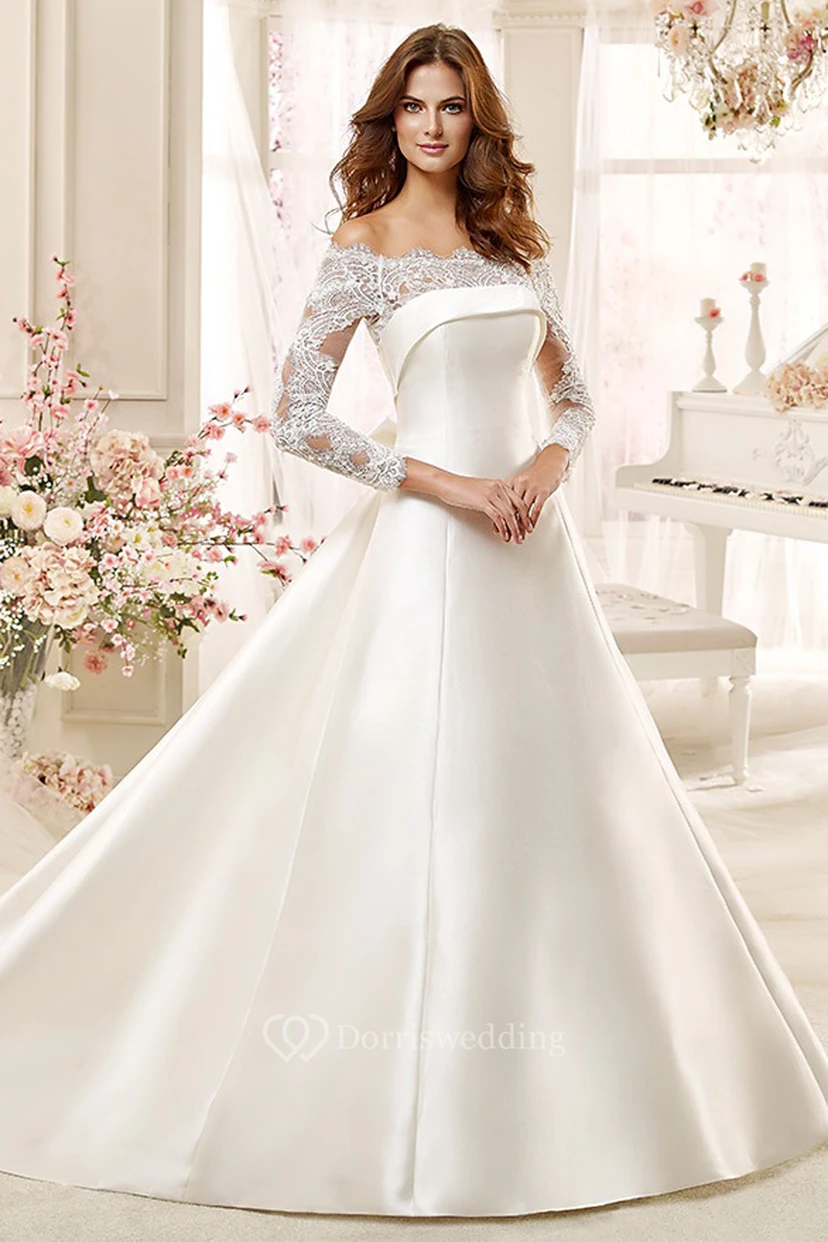 Off-Shoulder A-Line Satin Wedding Dress With Lace Long Sleeves And Brush Train