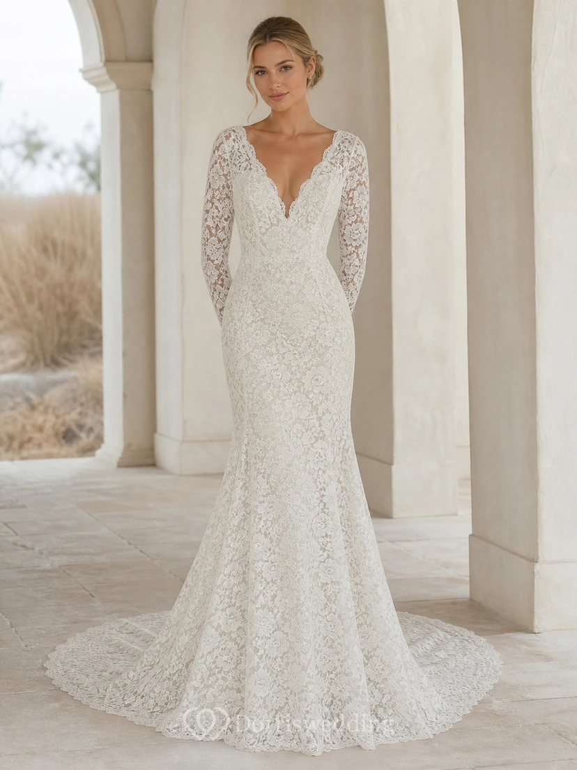 Elegante vestido de novia clásico de corte sirena con estampado floral, escote en V y mangas largas hasta el suelo.