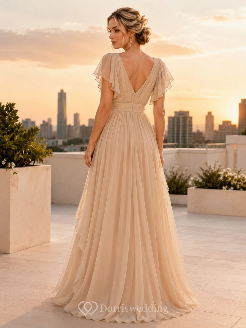 Champagne V-neck Petal Short Sleeve Chiffon Floor-length A-line Romantic Garden Dress view 2