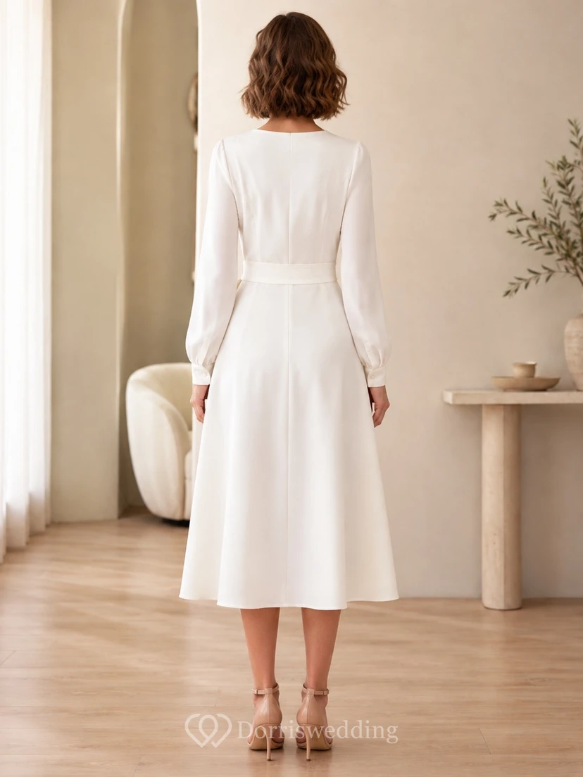 Robe blanche portefeuille en satin à manches trois-quarts et col en V, coupe trapèze, longueur thé view 2