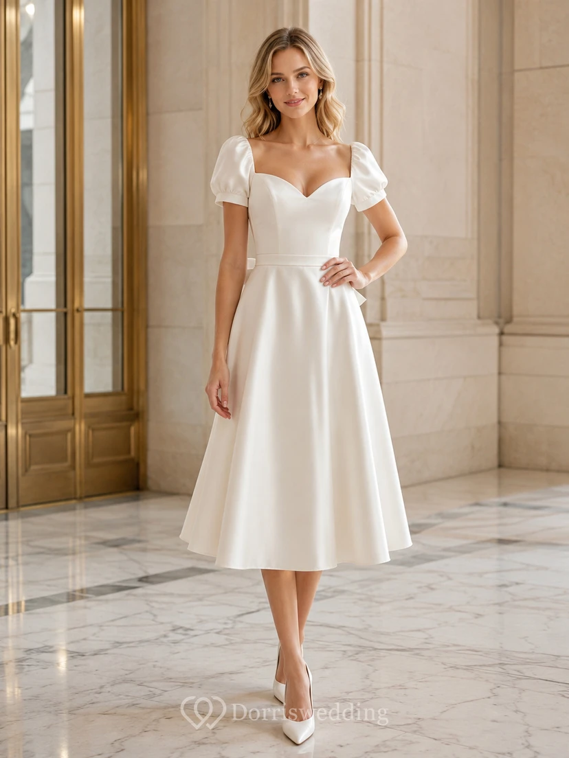 Courthouse Vintage Sweetheart Puff Sleeve Satin Bow Tea Length A-Line Wedding Dress