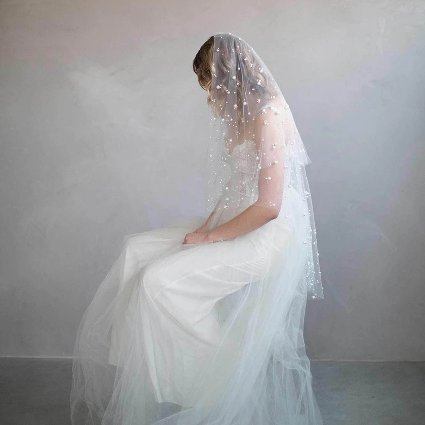 Elegant Two Tier Tulle Beaded Fingertip Veil view 3