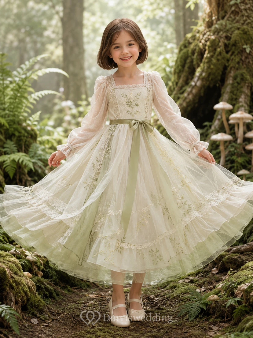 Blumenmädchenkleid aus salbeifarbenem Spitzentüll, A-Linie, lange Ärmel, Rundhalsausschnitt, Teelänge, Schärpendetail, Stufenrock