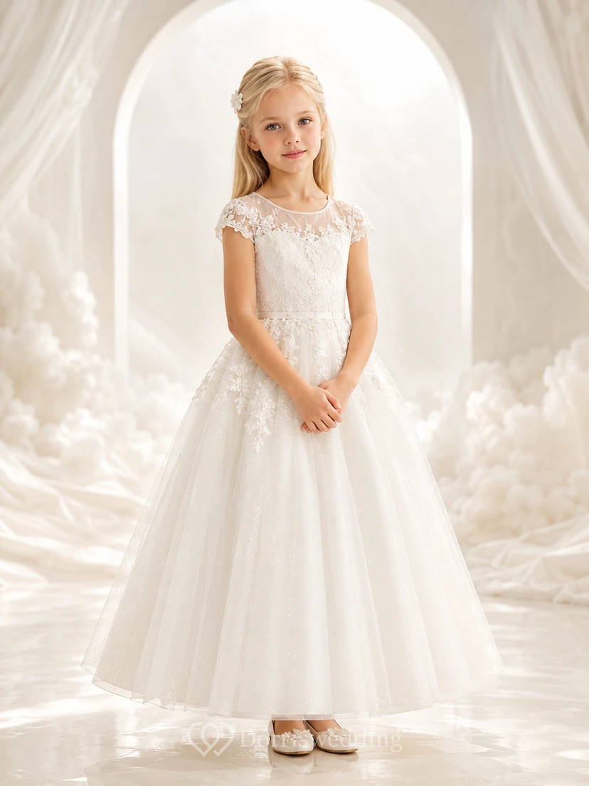 Vestido de niña de las flores, color marfil, encaje, tul, corte en A, manga corta, escote redondo, largo midi.