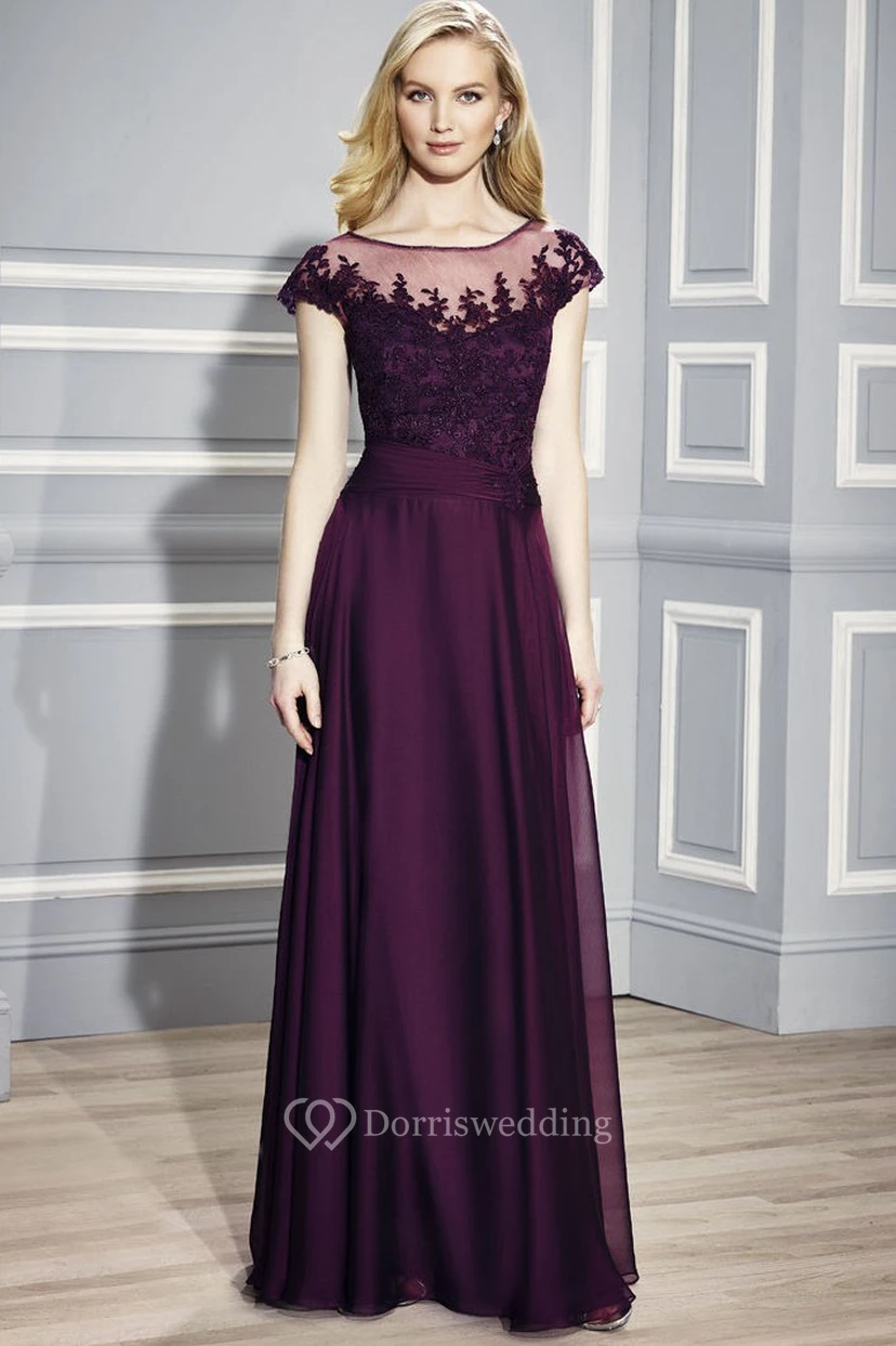 Langes, rundhalsausschnittiges, appliziertes Chiffon-Abendkleid mit kurzen Ärmeln und kurzen Ärmeln
