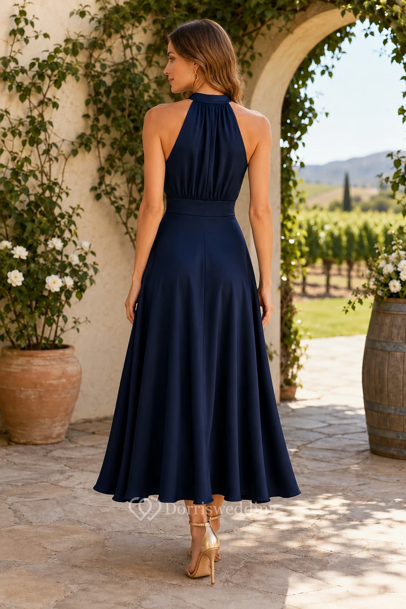 Wedding Guest Dress Dark Navy Satin A-Line Halter Sleeveless Tea Length view 2