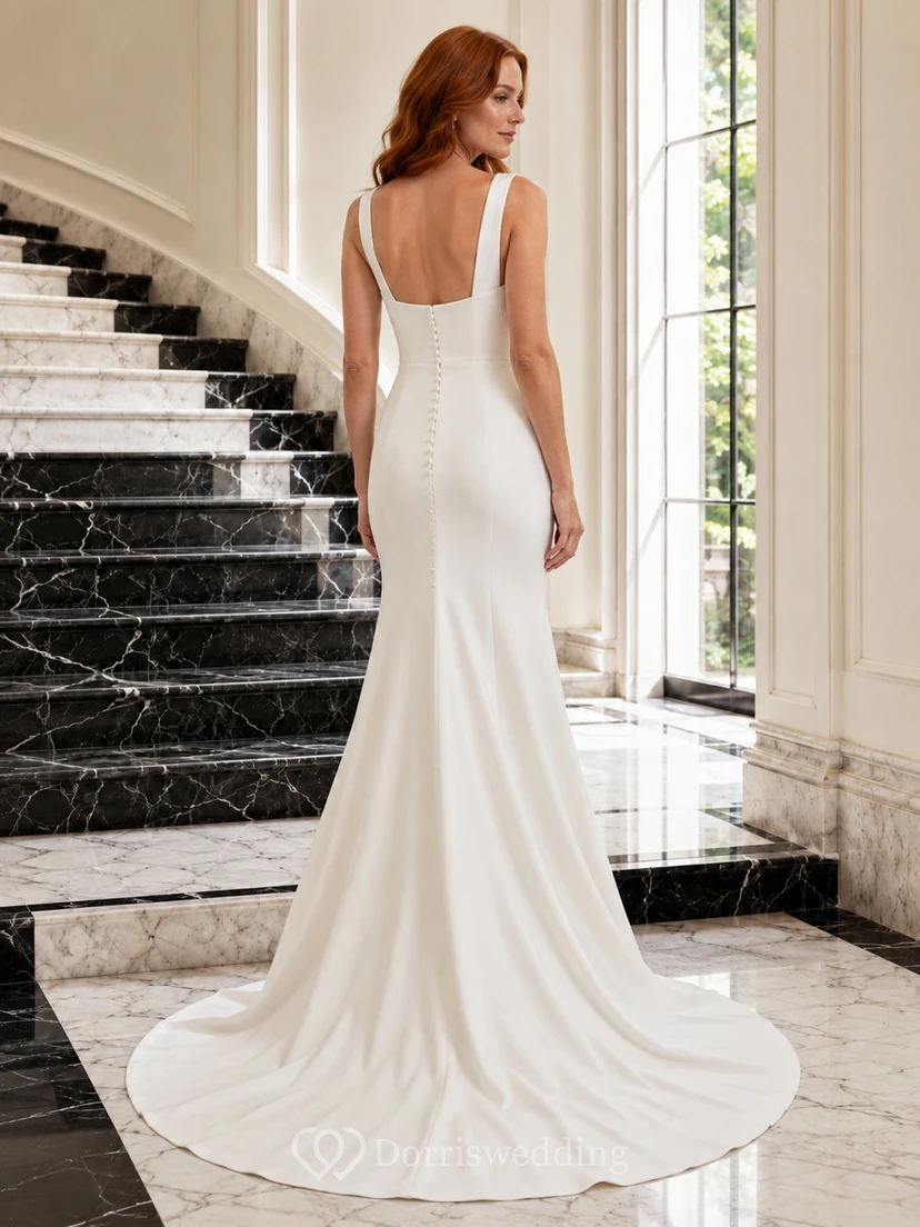 Vestido de novia minimalista de satén estilo sirena con escote cuadrado, sin mangas y cola larga. view 2