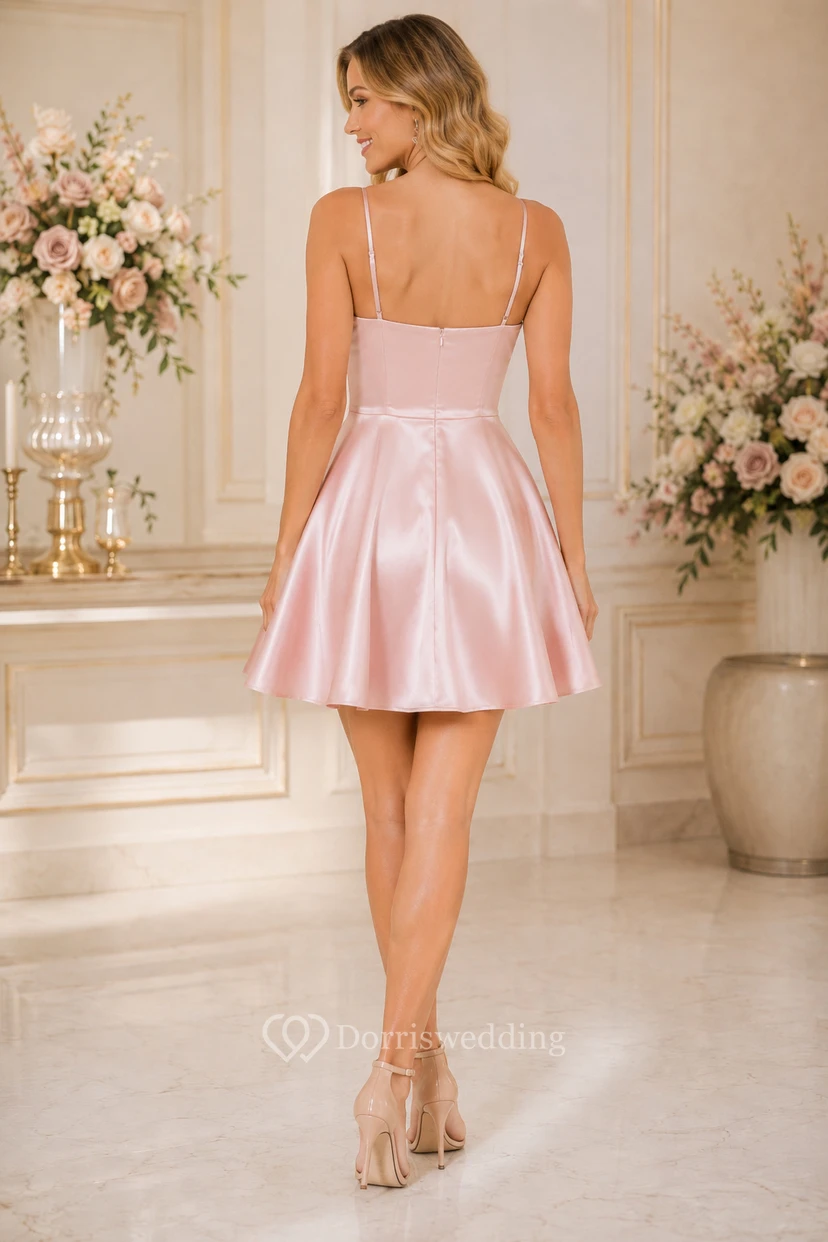 Blushing Pink Satin Sweetheart A-Line Mini Homecoming Dress with Bow Waist view 2