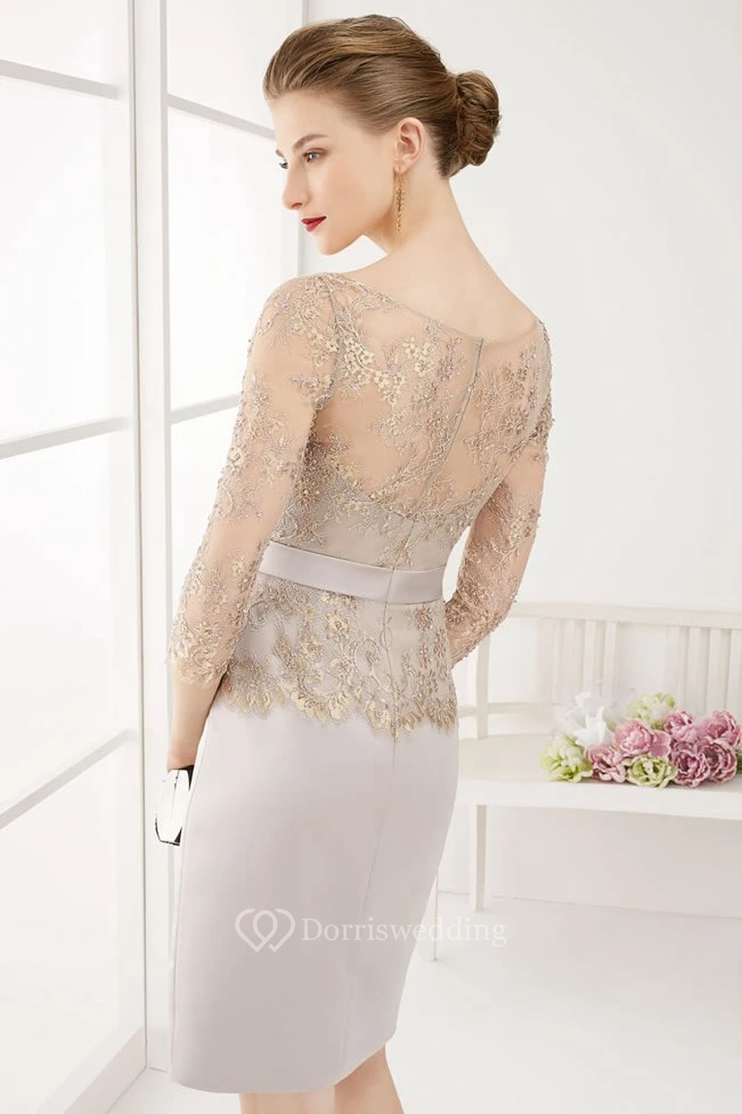 Pencil Half-Sleeve Scoop-Neck Midi Floral Satin&Lace Prom Dress With Ribbon view 2