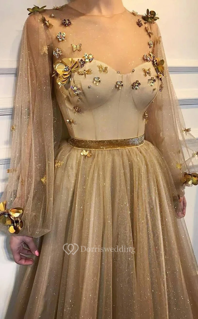 Robe de bal à sequins plissée empire, manches longues bouffantes et col rond illusion view 2