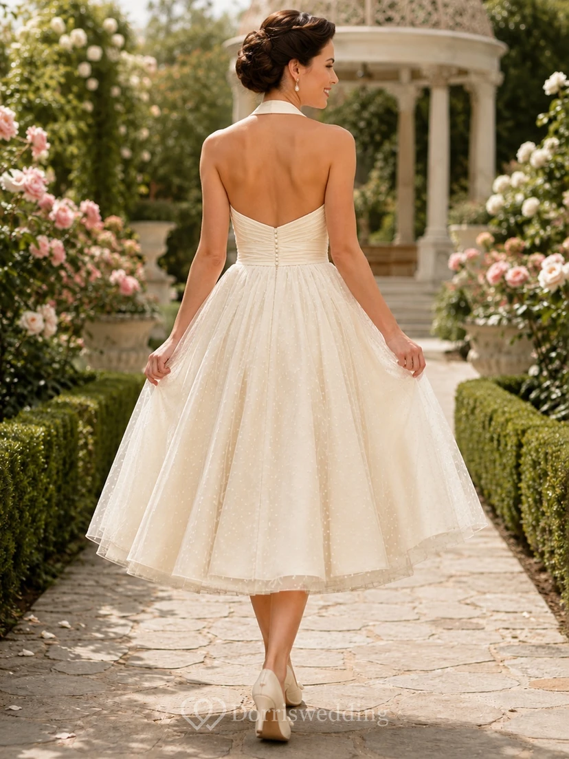 Vintage Teelänge Neckholder-Brautkleid mit Herzausschnitt, gepunktetem Tüll und Falten in A-Linie view 2
