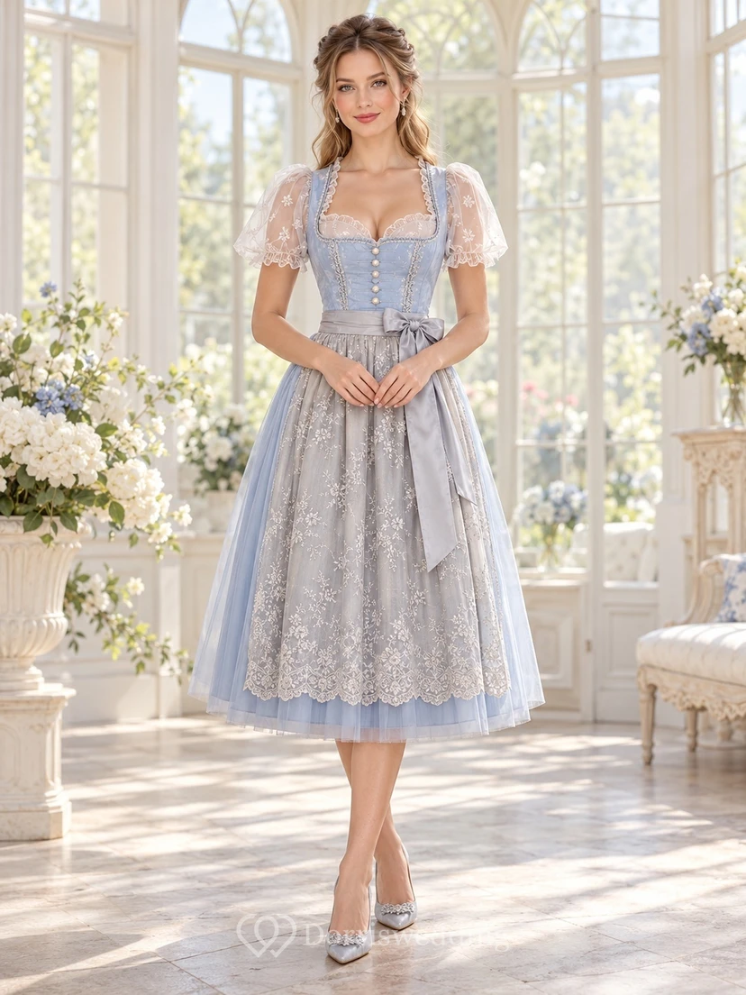 Robe Dirndl vintage bleue à col carré et manches courtes en dentelle, style tablier