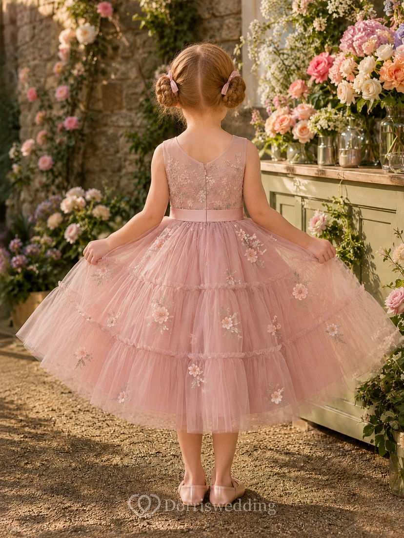 Flower Girl Dress A-Line Blush Floral Tiered Tulle Sleeveless Garden view 2