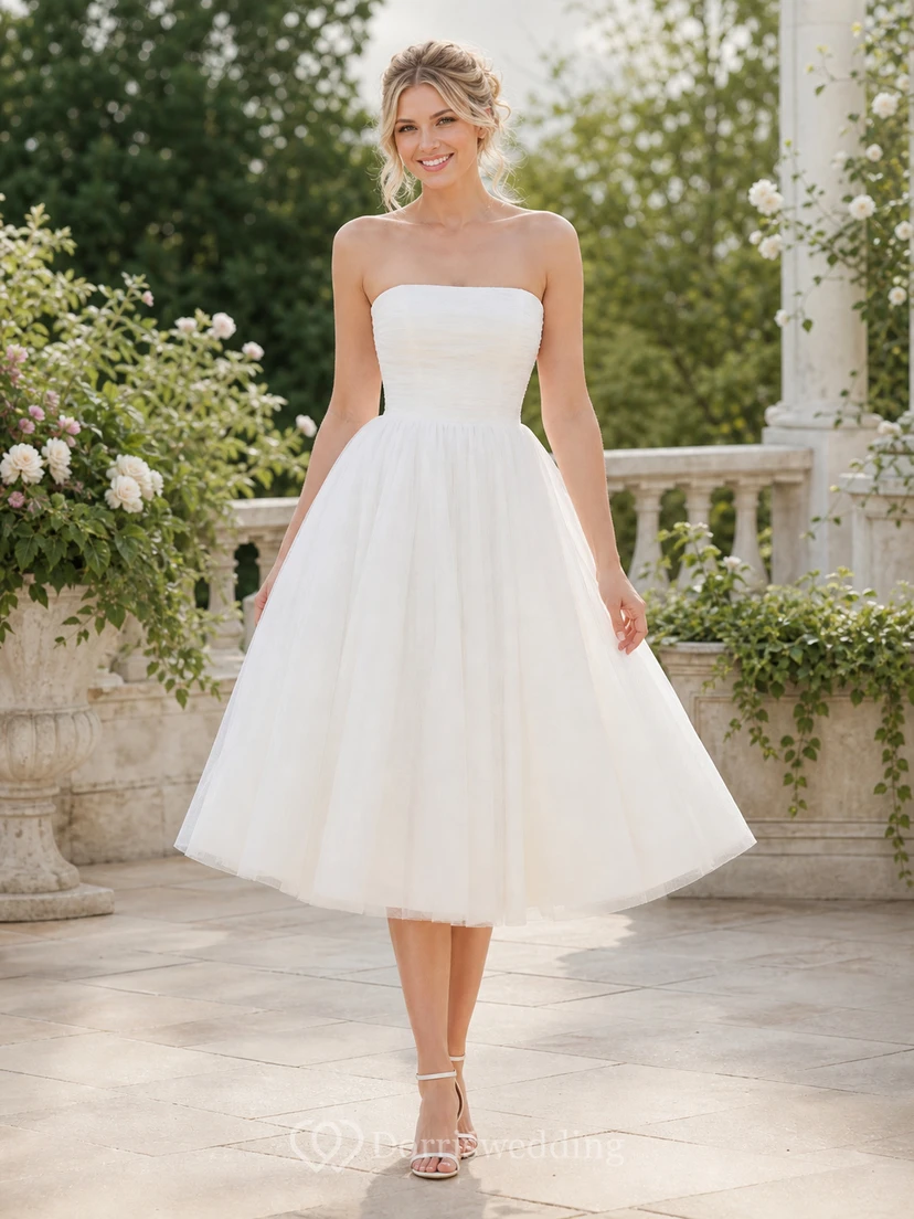 Tea-length Strapless A-line Simple Beach Ruched Casual Wedding Dress view 3