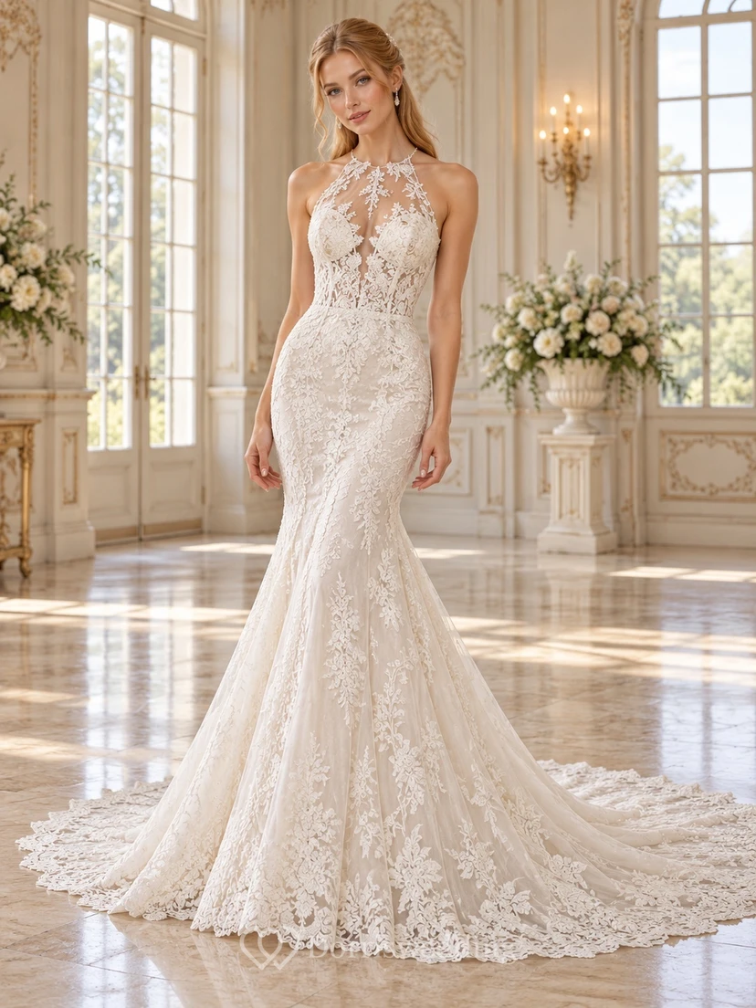 Mermaid High Halter Neck Floral Lace Open Back Wedding Dress
