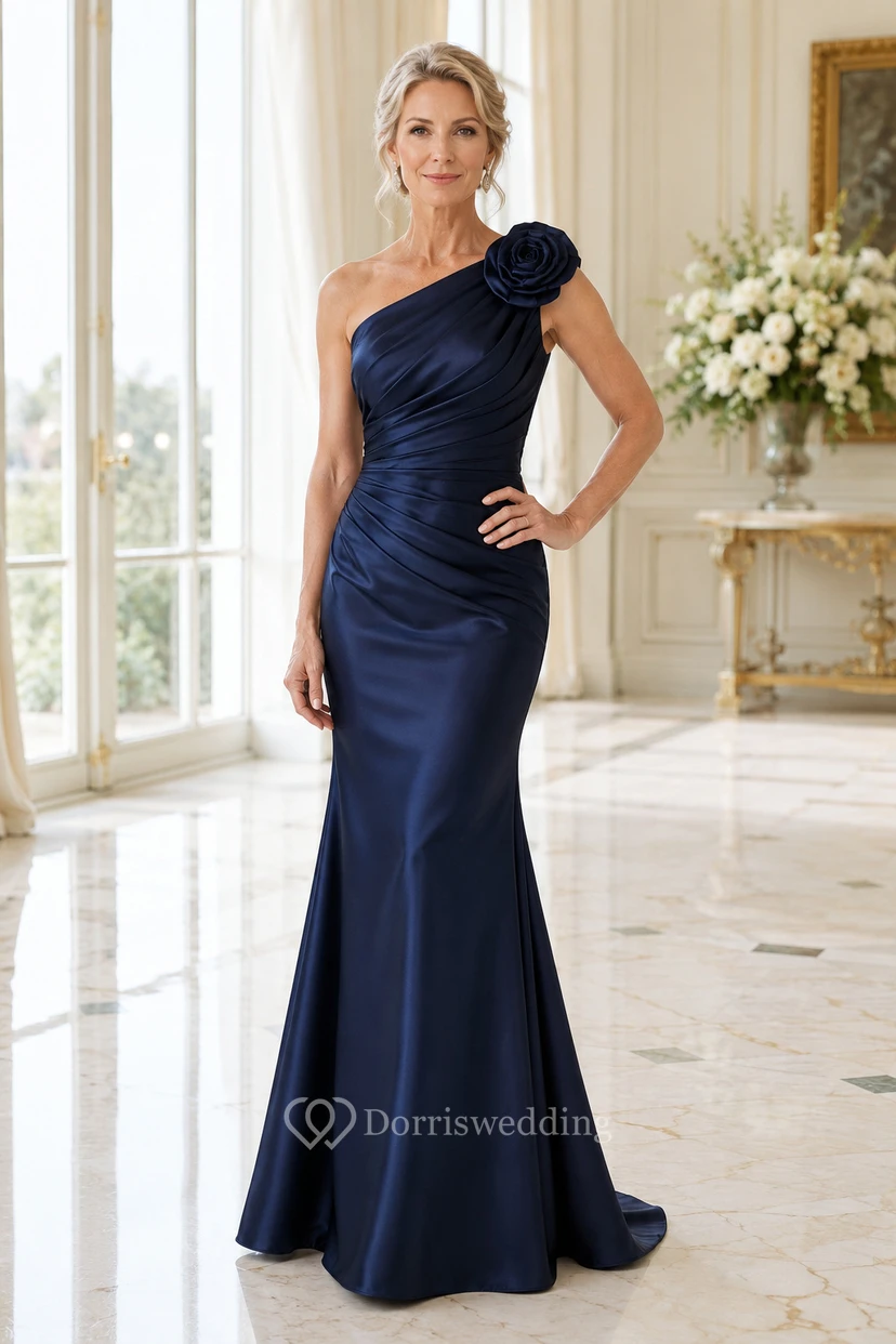 Marineblaues, einseitig schulterfreies Meerjungfrauen-Kleid aus Satin mit Blumenmuster