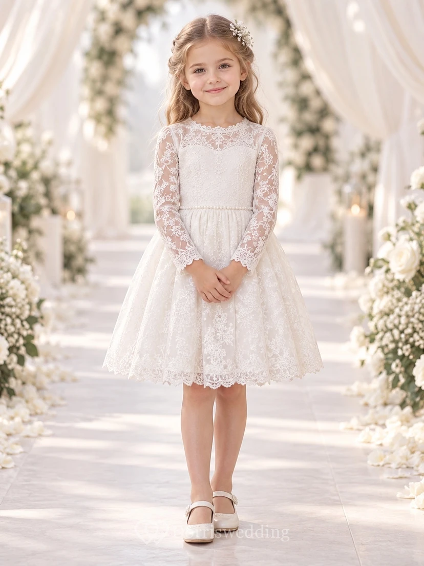 Short Long Sleeve White Floral Scalloped Jewel Illusion Pearl Waist A-Line Lace Button Flowergirl Dress
