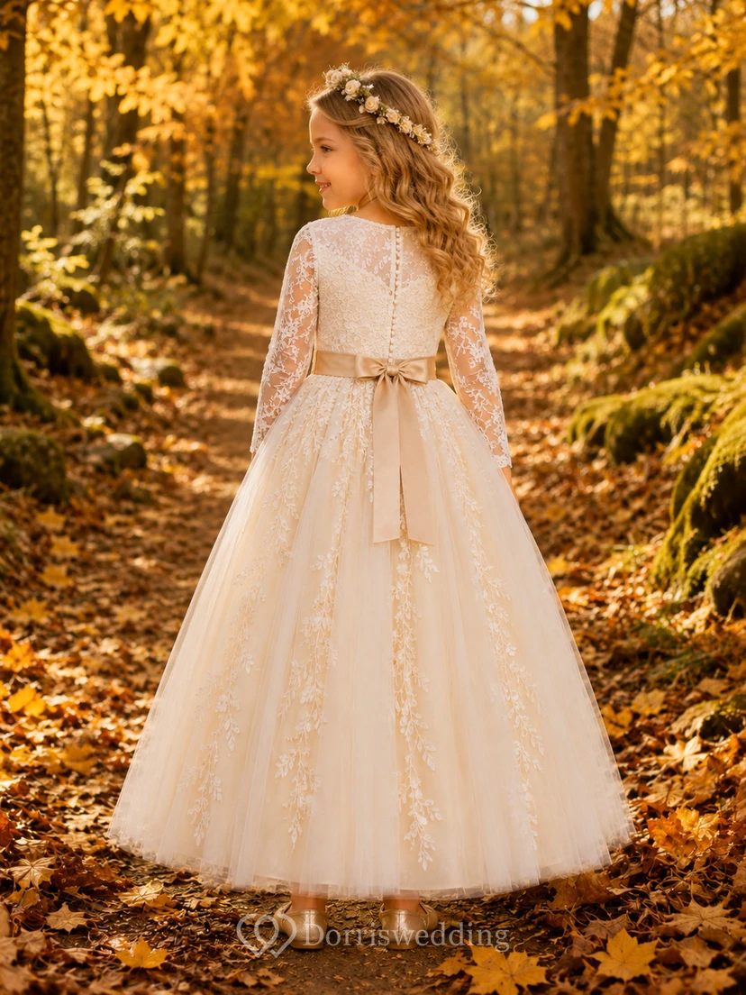 Elegant A-Line Flower Girl Dress with High Neck Long Sleeve Ivory Lace Tulle Autumn Ceremony view 2